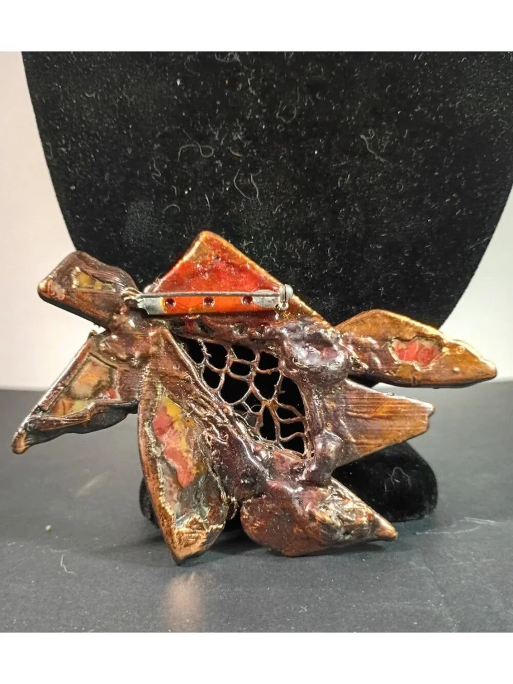 Handmade Brutalist Copper Natural Gemstone Vintage Brooch Pin
